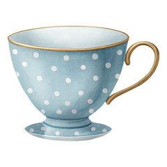 Whimsical watercolor illustration of elegant blue polka dot teacup with golden handle in fantasy style