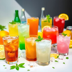 Set of different colored cold drinks. Top view isolated with transparency Set of different colored cold drinks. Top view isolated with transparency