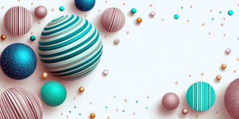 Colorful 3D Christmas ornaments with stripes and sparkles on white background creating festive frame with copy space