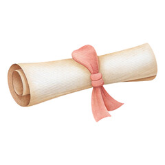 Whimsical watercolor illustration of vintage rolled parchment tied with soft pink ribbon