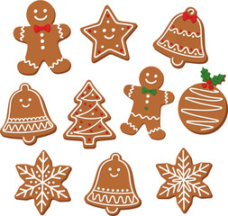 Isolated a Christmas Gingerbread cookies for celebrating xmas. Winter homemade sweets in festive shapes Cute flat cartoon vector art with white background.
