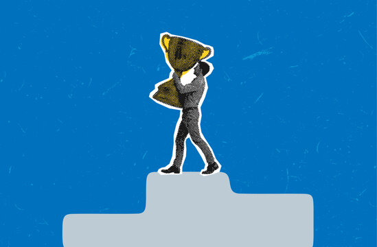 Business winner standing on podium holding a giant trophy for success and achievement recognition