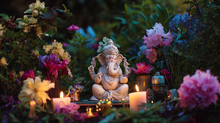 Colorful garden altar dedicated to Lord Ganesha surrounded by flowers and candles at dusk