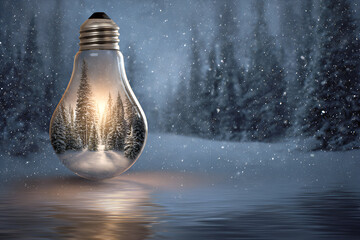 Unique light bulb captures winter forest scene with snow falling gently in a beautiful landscape setting