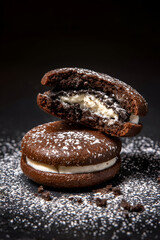 Chocolate sandwich cookie cut in half to show creamy filling and textured exterior with powdered sugar on a dark background