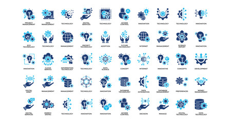 
Technology management icon set collection. Containing services, draft, increase, database, profit, decision, diagram .Solid vector icons collection