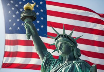 Statue of Liberty Close-Up with Billowing American Flag &mdash; Patriotic Landmark