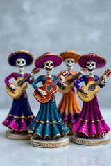 Colorful skeleton musicians celebrate life with guitars and traditional attire during a cultural festival