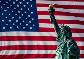 Statue of Liberty with Billowing American Flag &mdash; Patriotic Landmark