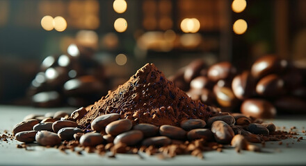 A close up view of cocoa powder and cocoa beans with blurred background in soft warm light