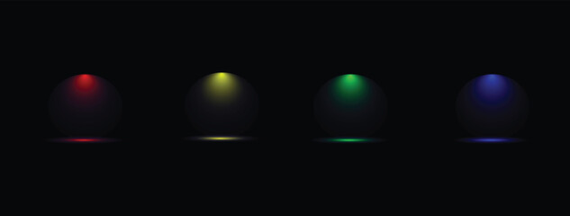 Vibrant RGB and yellow spotlights illuminating a dark background