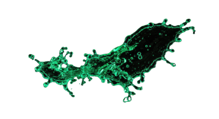 Dynamic emerald green water splash, frozen motion with spherical droplets and translucent bubbles, abstract wave against a pure jet-black background with copy space, refreshing advertising concept