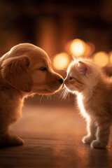 Puppy and kitten share a tender moment by the warm glow of a fireplace in a cozy room