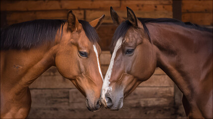 Two horses bonding closely in a warm stable, highlighting their friendship and connection in a rustic setting