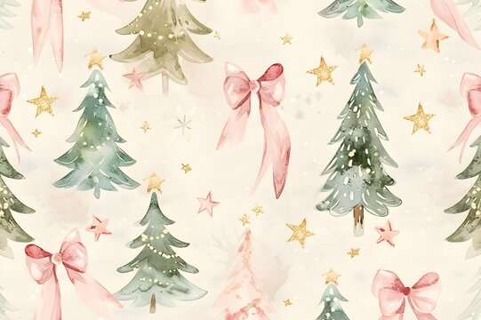 Seamless Watercolor Christmas Pattern with Trees and Pink Bows