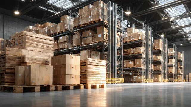 Vast Warehouse Interior Filled With Numerous Cardboard Boxes Stacked High On Metal Racks Under Natural Skylight Illumination