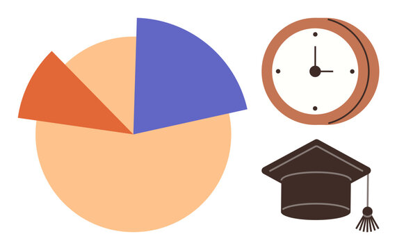 Pie chart with three segments, analog clock, and graduation cap. Ideal for education, time management, planning, career goals, progress tracking academics productivity. Simple flat metaphor