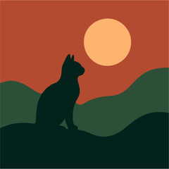 Abstract Cat at Sunset – Minimalist Landscape Silhouette Illustration