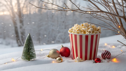 Popcorn in striped red cup with Christmas decorations and snowy background