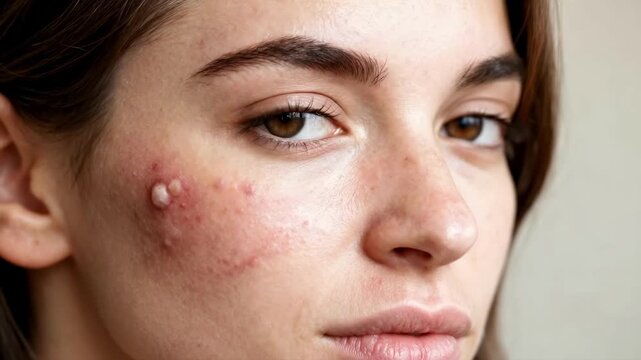 Close-up of young woman with cystic acne on cheek. Skin problem and dermatology concept showing red inflammation and pimples