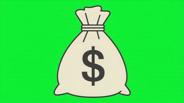 Cartoon illustration of a money bag with a dollar sign symbol on a bright green screen background, perfect for finance or savings related content