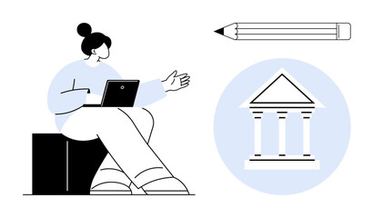 Woman with laptop gesturing, pencil symbolizing writing or creativity, classical bank structure representing institutions. Ideal for education, finance, innovation, creativity, teaching