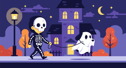 Skeleton Child Walking Ghost Dog on Halloween Night.