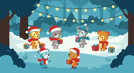 Naklejka premium Festive Bears Exchanging Gifts in a Winter Wonderland.