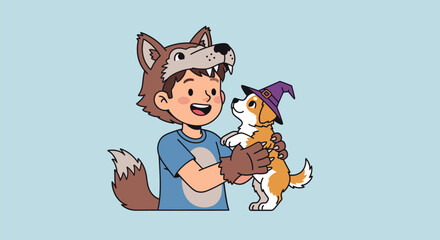 Boy in Wolf Costume Holding Dog in Witch Hat.