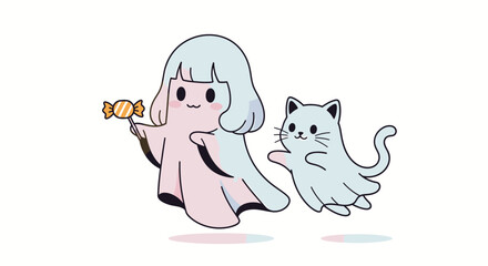Charming Ghost Girl and Cat Ghost with Candy Illustration.