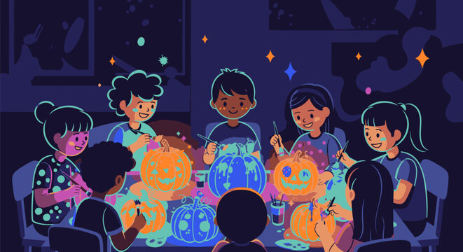 Children Carving Pumpkins at a Halloween Party.