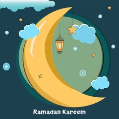 Ramadan Kareem flat vector of Islamic festival design with crescent moon and Islamic decorations.