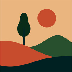 Abstract Minimalist Landscape – Tree, Sun & Rolling Hills Illustration