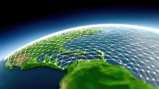 A digital network grid overlaying the Earth's surface, showing continents and oceans. The image depicts global connectivity and technology against a dark blue s