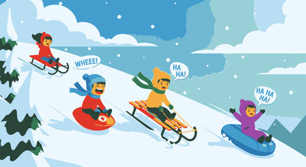 Children Sledding Down a Snowy Hill in Winter.