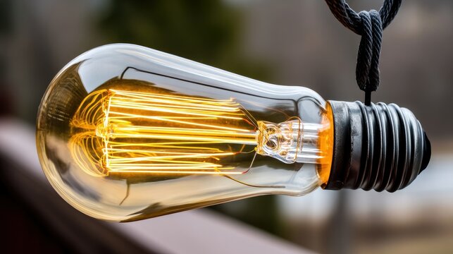 A vintage Edison light bulb with a visible filament glows with warm yellow light, suspended by a thick rope outdoors.