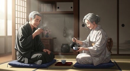 Serene Tea Ceremony: An Elderly Japanese Couple's Ritual