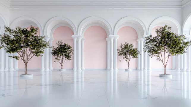 A bright, elegant interior space featuring a white arcade with classical columns and arches, a soft pink wall, and potted trees on a polished marble floor. Natu