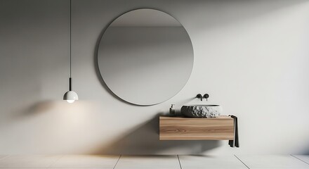 Minimalist Bathroom Design with Round Mirror and Wooden Vanity.