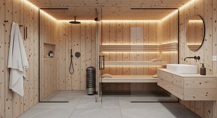 Modern bathroom with sauna, shower, and wooden design elements.