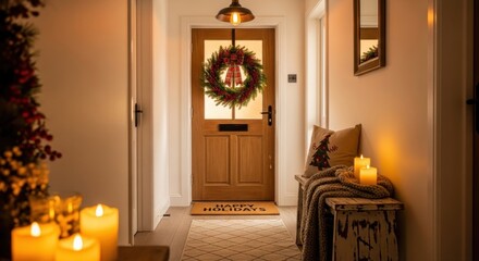 Festive holiday wreath adorns a wooden door in a warmly lit inviting entryway