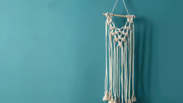 White macrame wall hanging on blue background