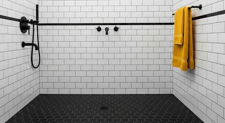 Modern Bathroom with White Subway Tile and Black Fixtures.
