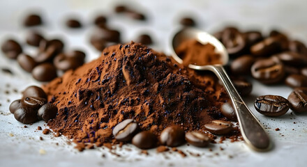 A close up view of coffee beans and ground coffee with a spoon on a white background surface