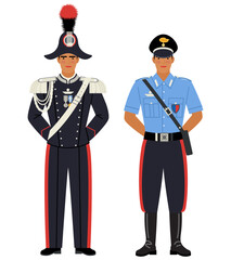 young man in the uniform of an Italian police officer, a carabiniere, on white background. young people dressed as Italian law enforcement officers. stock vector illustration. EPS 10.