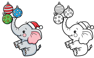 Cute baby elephant in Santa hat holding Christmas balls Vector cartoon illustration of animal with ornaments