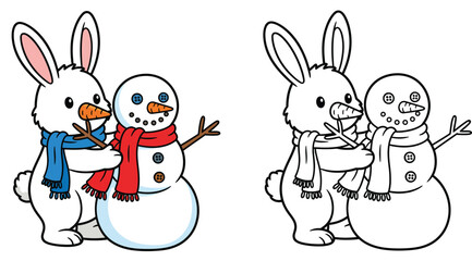 Cute bunny rabbit building a snowman Vector cartoon illustration of an animal holding a carrot Isolated color and black and white outline version for coloring book page.
