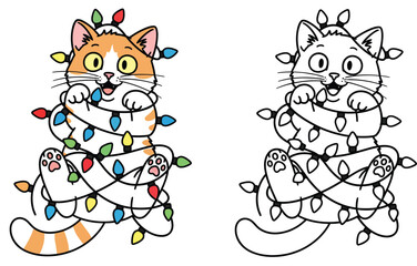 Cute cat tangled in Christmas lights Vector cartoon illustration of a kitten playing with garland Isolated color and black and white outline version for coloring book page.
