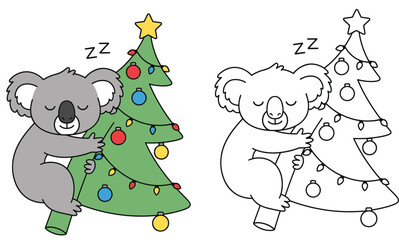 Cute koala bear sleeping on a Christmas tree Vector cartoon illustration of an animal hugging a pine Isolated color and black and white outline version for coloring book page.