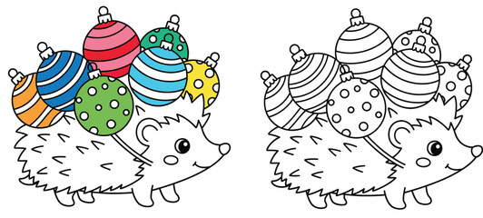 Cute hedgehog carrying Christmas balls on bristles Vector cartoon illustration of animal with ornaments Isolated color and black and white outline version for coloring book page. © AbuNazam
